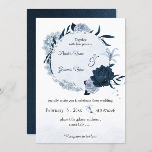 Invitación boda de guirnaldas botánicas con flores azul polvo