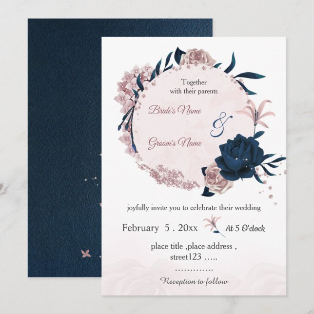 Invitación boda de guirnaldas botánicas de flores de marina y (Anverso / Reverso)
