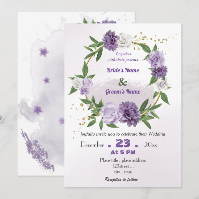 Invitación boda de guirnaldas botánicas de flores moradas rom (Anverso / Reverso)