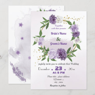 Invitación boda de guirnaldas botánicas de flores moradas rom