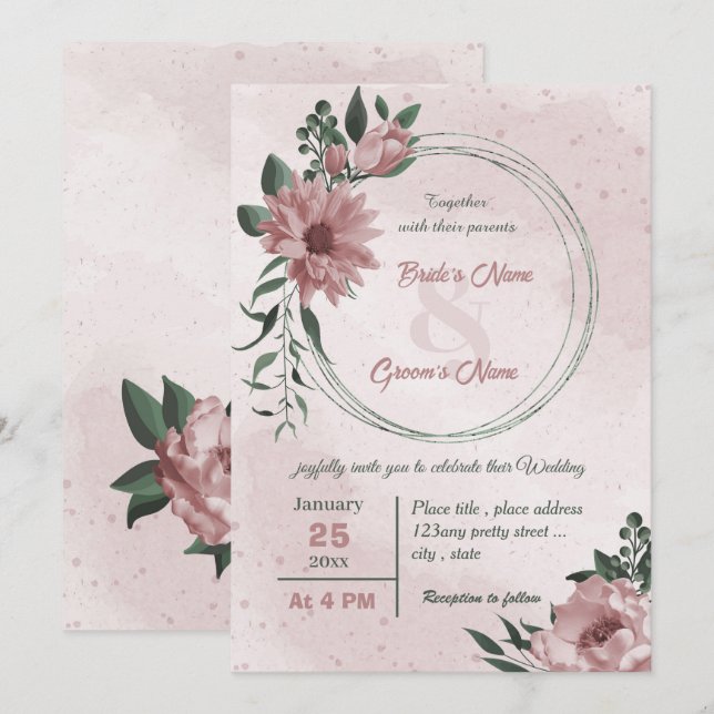 Invitación boda de guirnaldas botánicas de flores rosadas (Anverso / Reverso)