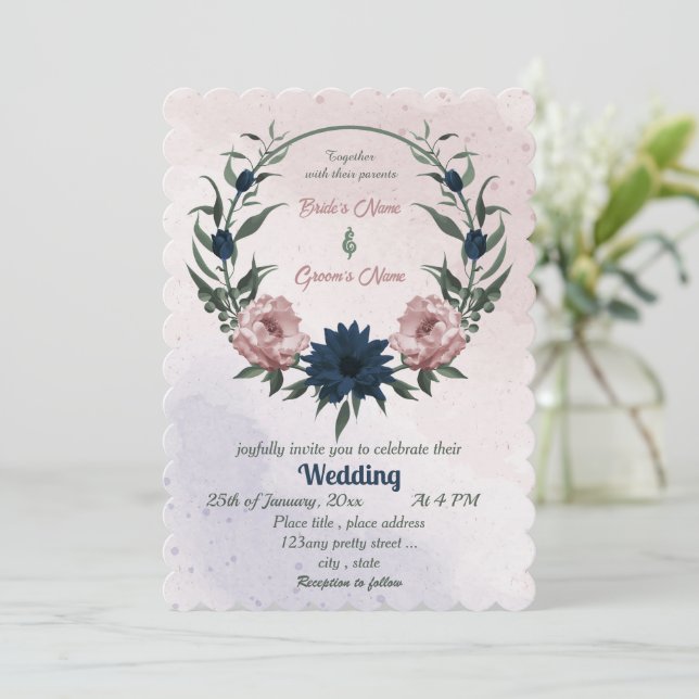 Invitación boda de guirnaldas botánicas de flores rosadas y m (Anverso de pie)