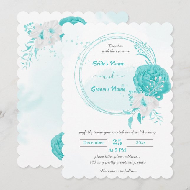 Invitación boda de guirnaldas botánicas de flores turquesas y (Anverso / Reverso)