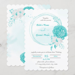 Invitación boda de guirnaldas botánicas de flores turquesas y