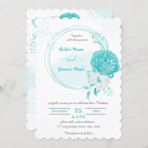 Invitación boda de guirnaldas botánicas de flores turquesas y