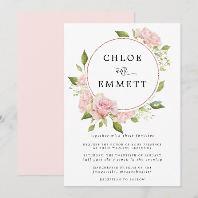 Invitación Boda de guirnaldas botánicas rosa Rubor (Anverso / Reverso)
