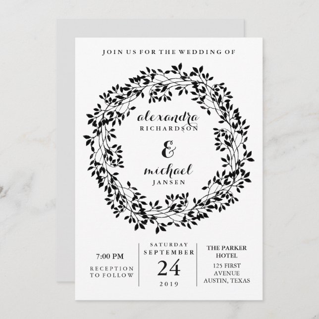 Invitación Boda de guirnaldas botánicas rusas y blancas (Anverso / Reverso)