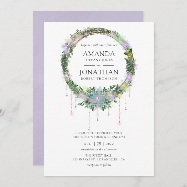 Invitación Boda de guirnaldas de hadas encantadas (Anverso / Reverso)