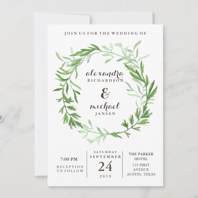 Invitación Boda de guirnaldas de hojas botánicas verdes (Anverso)