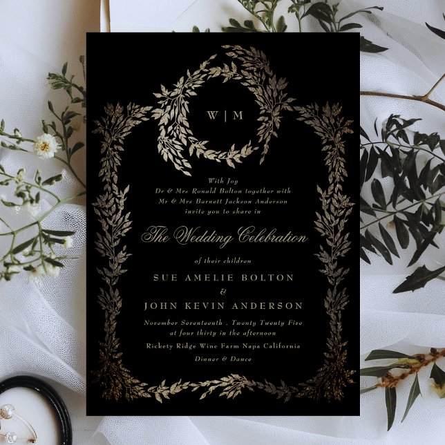 Invitación Boda de guirnaldas de monograma botánico de oro ne (Subido por el creador)