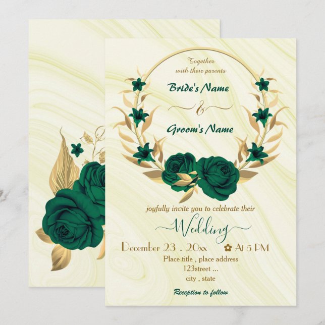 Invitación boda de guirnaldas de oro de flores verdes esmeral (Anverso / Reverso)