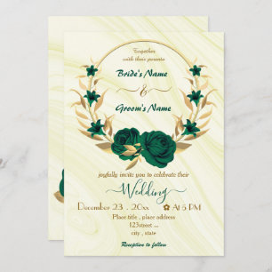 Invitación boda de guirnaldas de oro de flores verdes esmeral