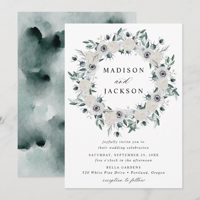 Invitación Boda de guirnaldas florales de anémonas blancas y  (Anverso / Reverso)