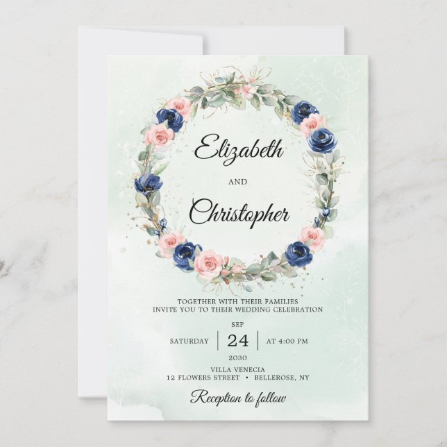 Invitación Boda de guirnaldas florales de la marina y Rubor (Anverso)