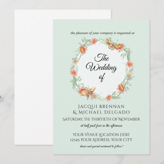 Invitación Boda de guirnaldas florales de mariposa de mita Wi (Anverso / Reverso)