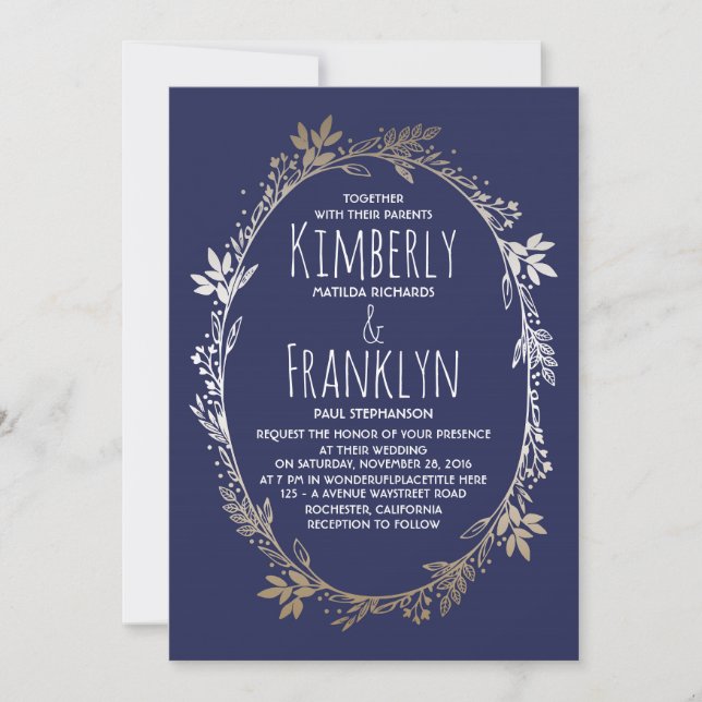 Invitación Boda de guirnaldas florales de oro y marina (Anverso)