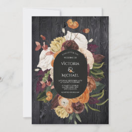 Invitación Boda de guirnaldas florales de otoño de madera neg