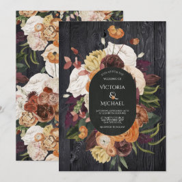Invitación Boda de guirnaldas florales de otoño de madera neg