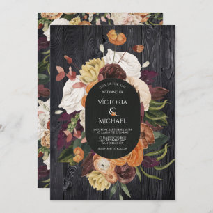 Invitación Boda de guirnaldas florales de otoño de madera neg