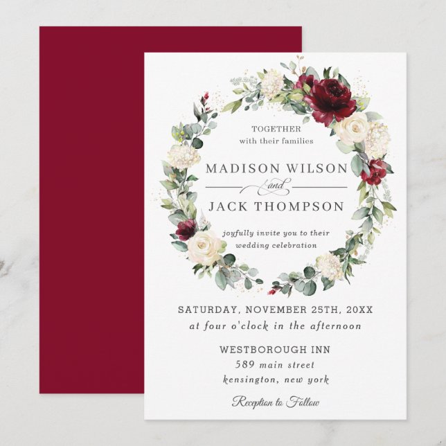 Invitación Boda de guirnaldas florales rusas de marfil blanco (Anverso / Reverso)