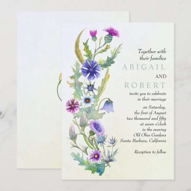Invitación Boda de guirnaldas floridas de color acuático (Anverso / Reverso)