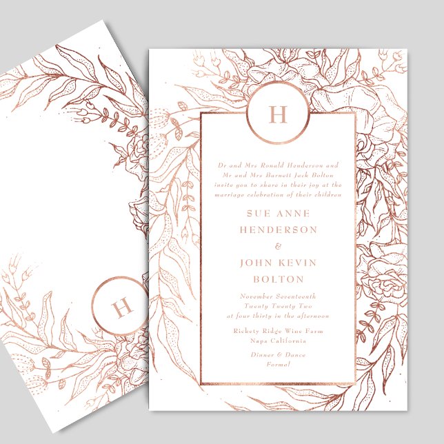 Invitación Boda de guirnaldas monograma de oro con Rosa duro  (Subido por el creador)