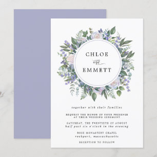 Invitación Boda de guirnaldas moradas y florales blancas de r