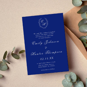 Invitación Boda de guirnaldas Royal Blue and Silver Monogram 