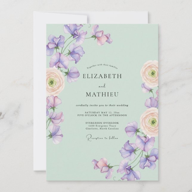 Invitación Boda de guisante dulce verde menta exuberante (Anverso)