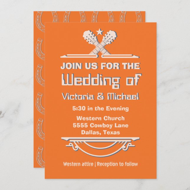 Invitación Boda de guitarra occidental audaz y colorido (Anverso / Reverso)