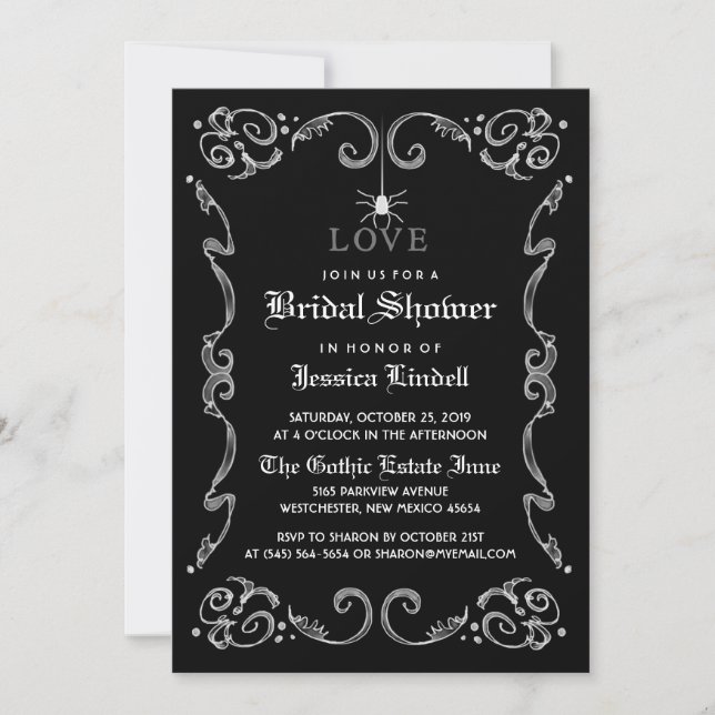 Invitación Boda de Halloween blanco negro ducha de novia góti (Anverso)