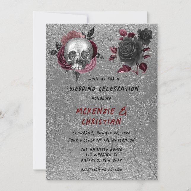 Invitación Boda de Halloween con cabeza de cráneo negra rosad (Anverso)