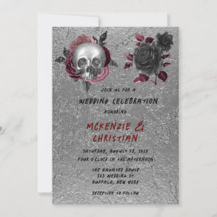 Invitación Boda de Halloween con cabeza de cráneo negra rosad