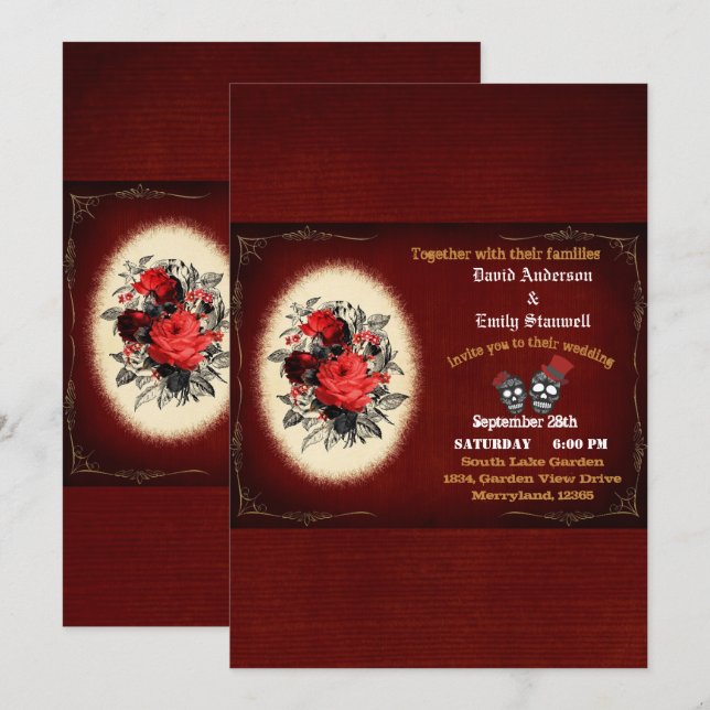 Invitación Boda de Halloween con cáscara gótica floral y roja (Anverso / Reverso)