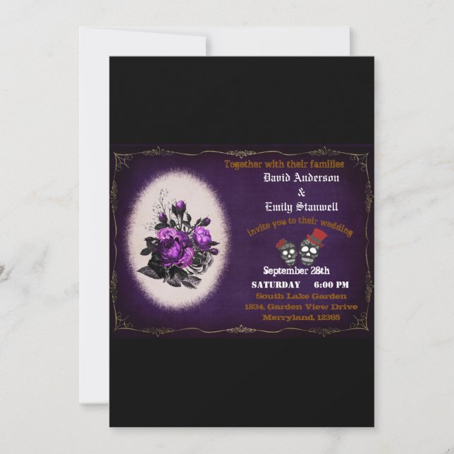 Invitación Boda de Halloween con cráneo gótico floral morado (Anverso)