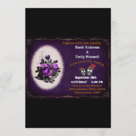 Invitación Boda de Halloween con cráneo gótico floral morado