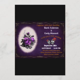 Invitación Boda de Halloween con cráneo gótico floral morado