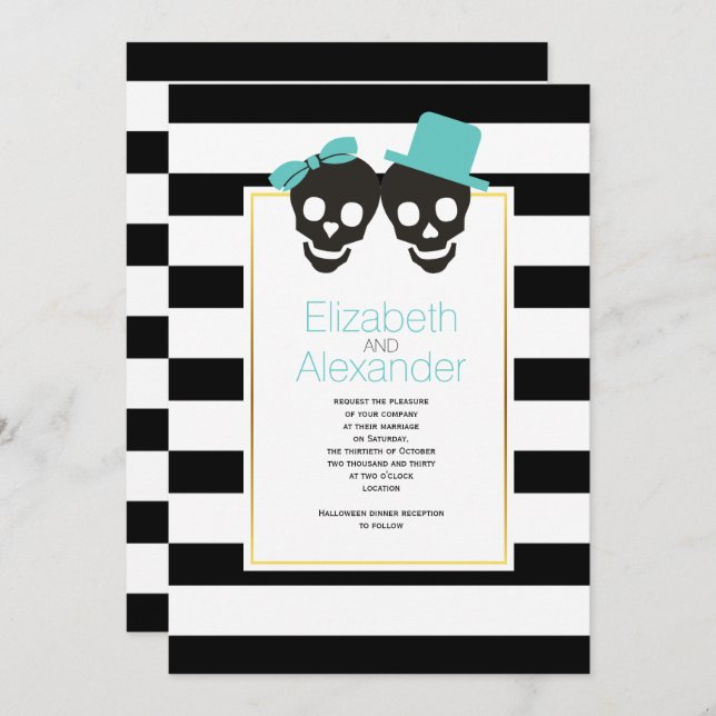 Invitación Boda de Halloween con cráneo y rayas (Anverso / Reverso)