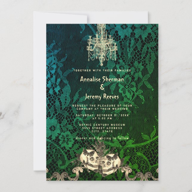 Invitación Boda de Halloween con esqueleto de encaje gótico (Anverso)
