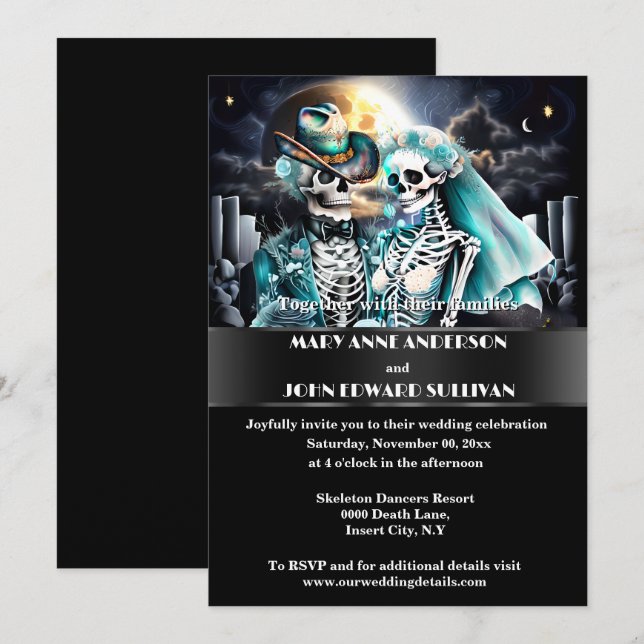 Invitación Boda de halloween de la pareja de skeleton occiden (Anverso / Reverso)