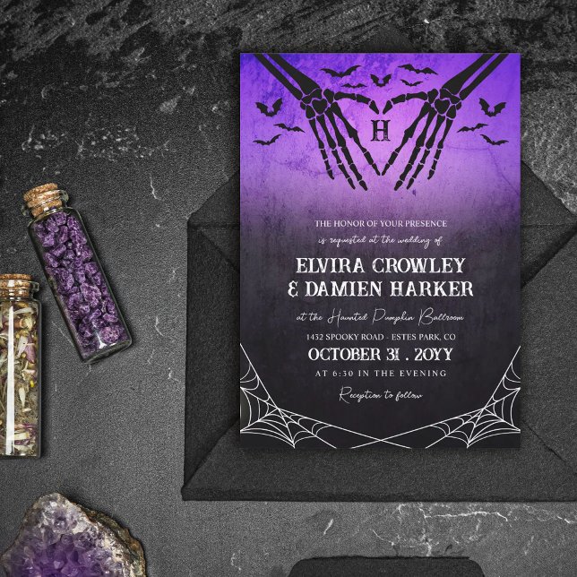 Invitación Boda de Halloween de Murciélagos Morados Corazón d (Subido por el creador)