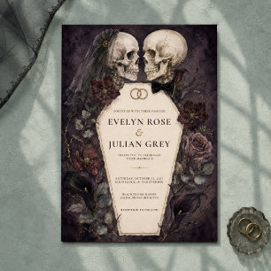 Invitación Boda de Halloween de pareja de cráneos con acuarel