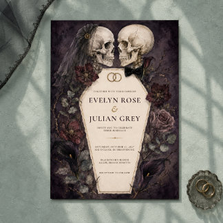 Invitación Boda de Halloween de pareja de cráneos con acuarel