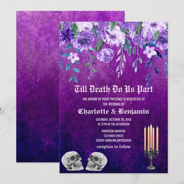 Invitación Boda de Halloween de Purple Floral Skull  (Anverso / Reverso)