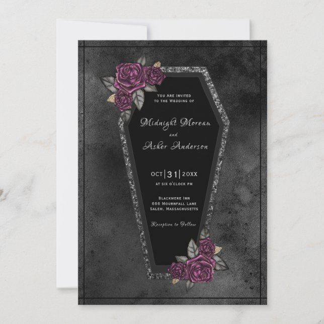 Invitación Boda de Halloween de Rosas Grises y Negro de Cofre (Anverso)