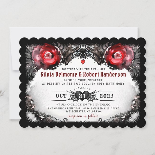 Invitación Boda de Halloween de rosas rojas góticas y arañas (Anverso)