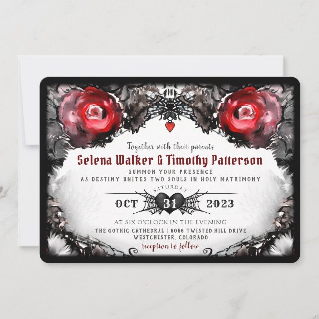 Invitación Boda de Halloween de rosas rojas góticas y arañas (Anverso)