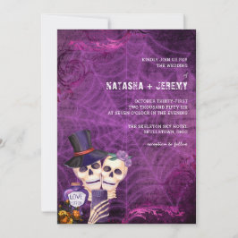 Invitación Boda de Halloween en el Skeleton gótico morado neg