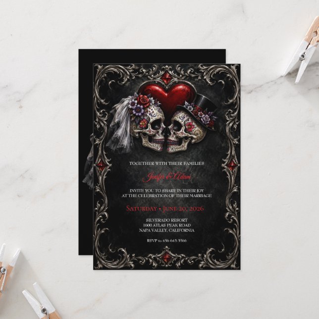 Invitación Boda de Halloween esquelética gótica (Anverso/Reverso In Situ)