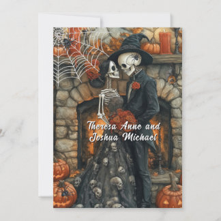 Invitación Boda de Halloween Esqueletos Arañas Negras Murciél